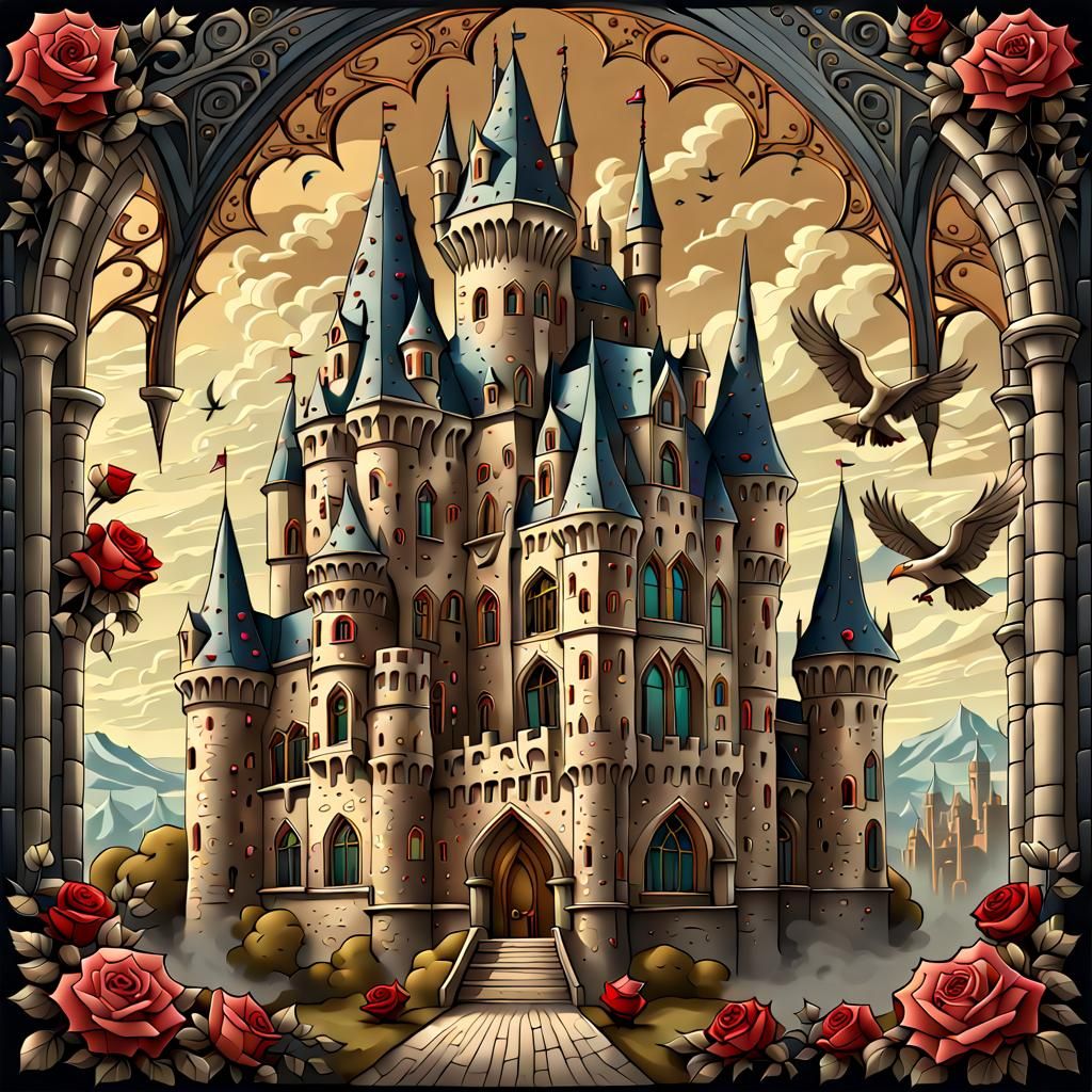 Gothic Castle Drawing with Hawks and Stylized Roses