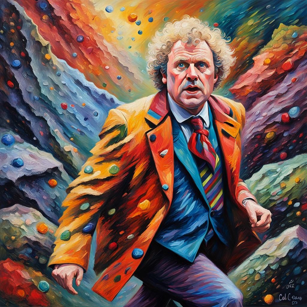 Sixth Doctor Runs Through Cave as Impasto Oil Painting