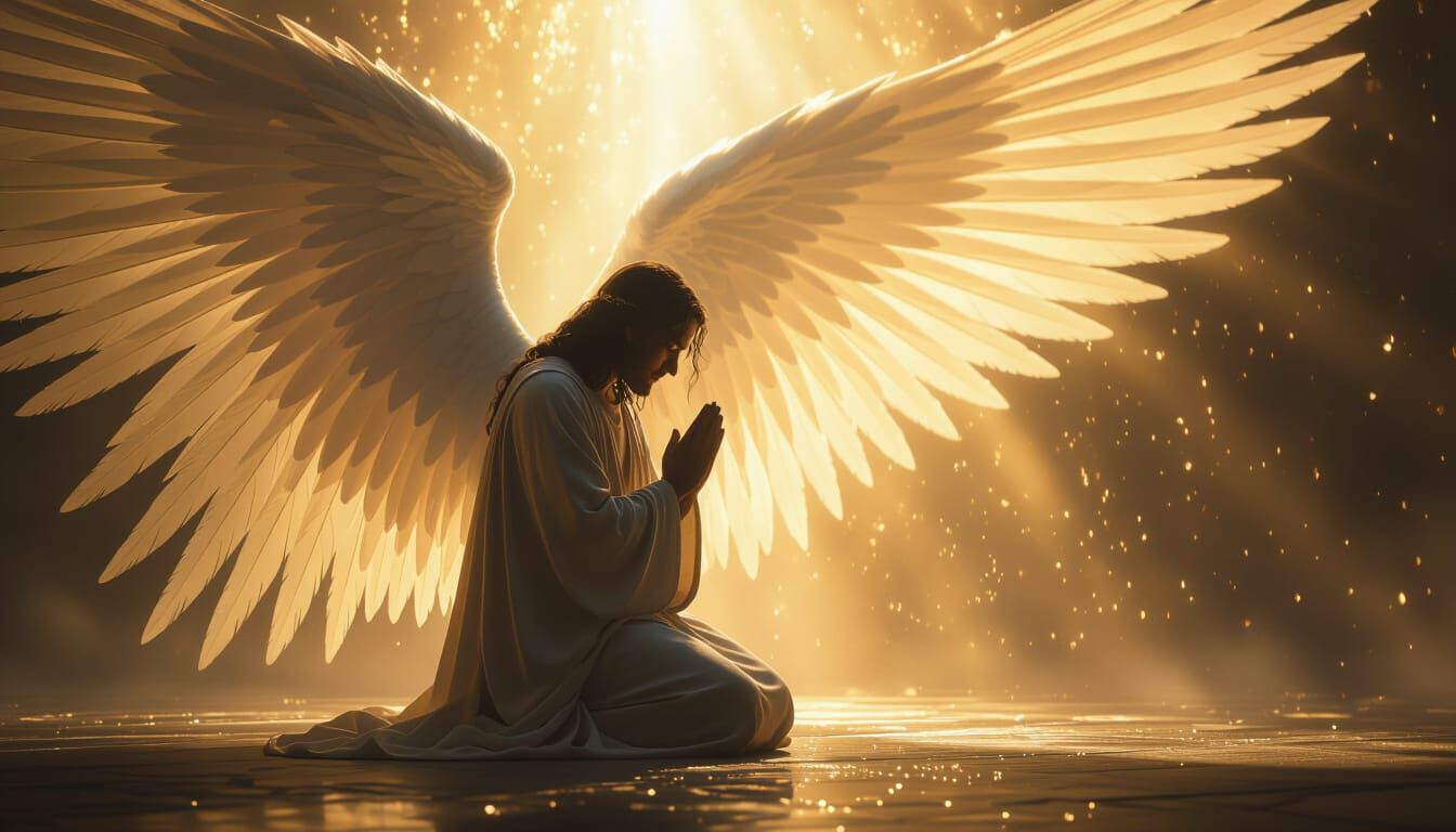 Figure Praying Under Angelic Wings in Golden Light
