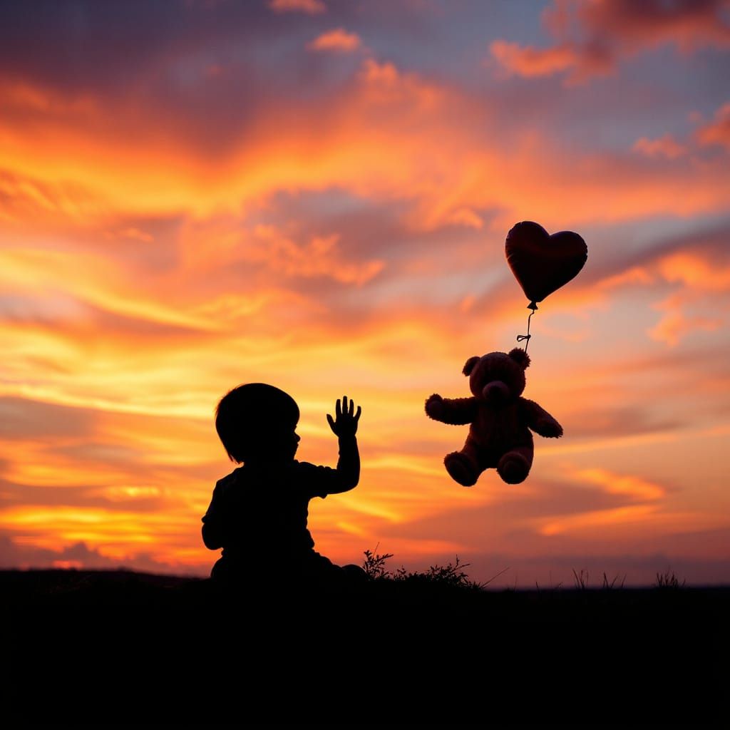 Whimsical Sunset Farewell with Floating Teddy Bear