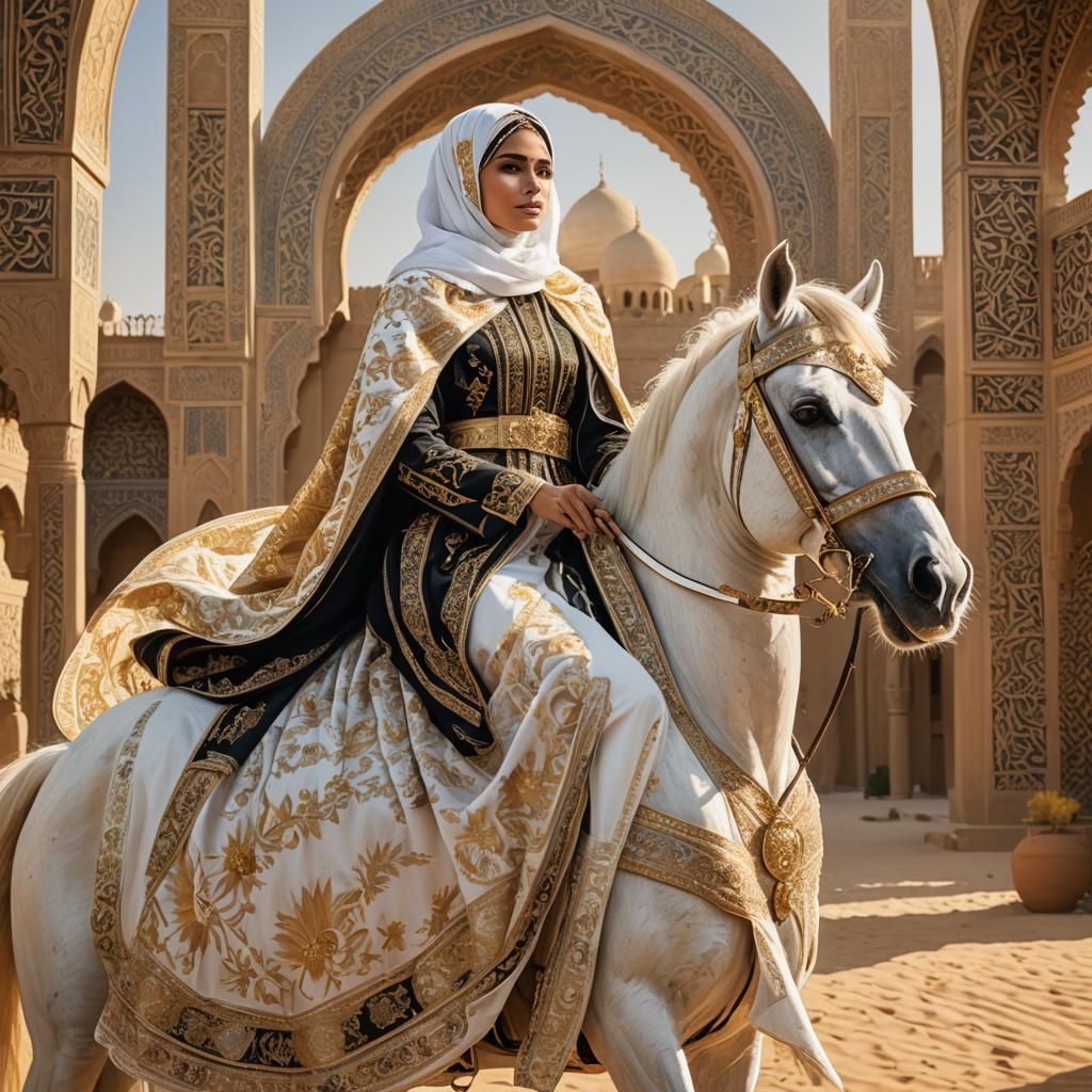 Arabian Princess on White Stallion with Scimitar