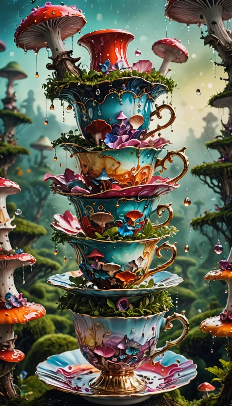 Surreal Tea Party in Dreamlike Wonderland