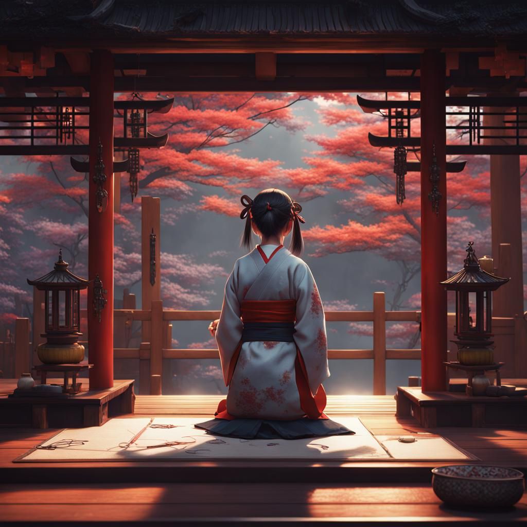 Japanese Girl Practicing Calligraphy in Detailed Digital Pai...