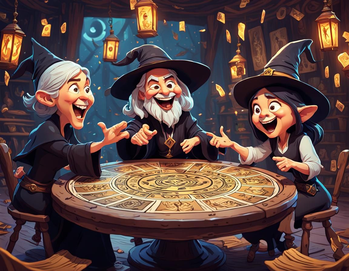 Psychic Witch Laughing at Shocked Man with Tarot Cards