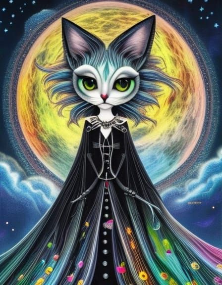 Gothic Witch Cat in Tim Burton Graffiti Style