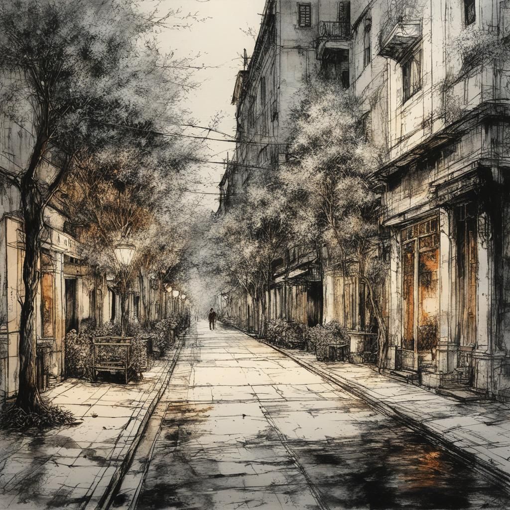 Night Street Scene in Watercolor with Etching