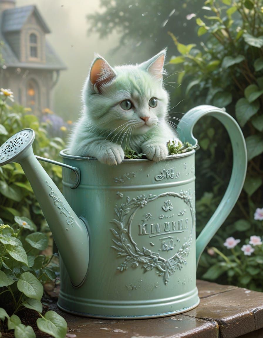 Kitten Peeking From a Pale Green Watering Can