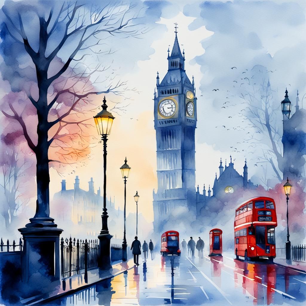 Early Morning London Mist in Watercolor Style