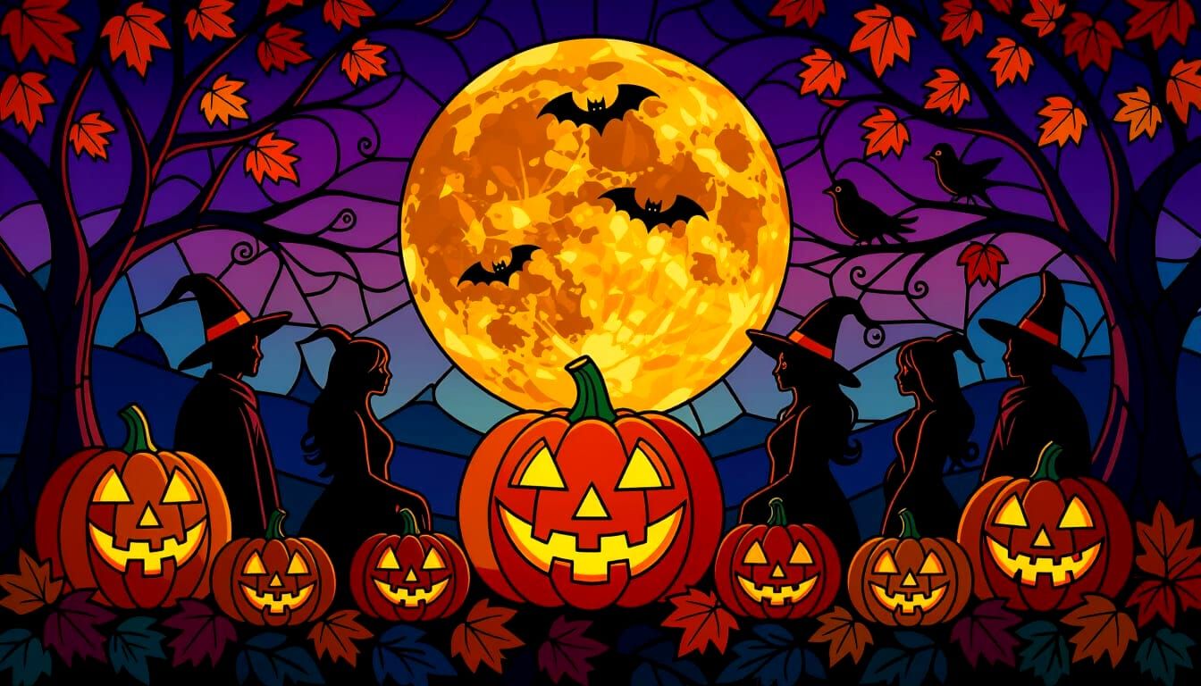 Halloween Mosaic Stained Glass: Glowing Jack-o'-Lanterns & F...