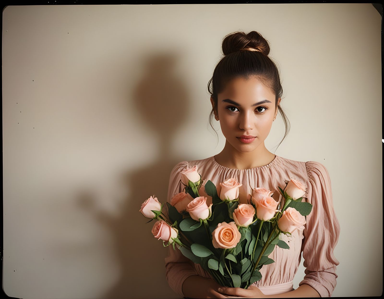 Retro Mexican Girl with Valentine's Day Flowers in Soft Focu...