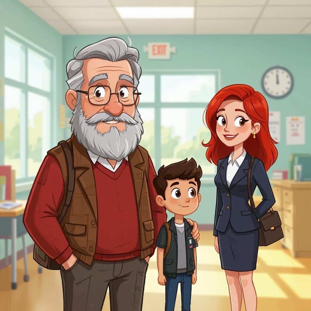 Whimsical Cartoon: Principal, Student, Teacher