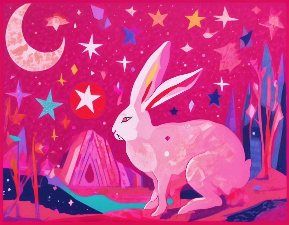 Moon Rabbits Fairytale Risograph Print in Memphis Style