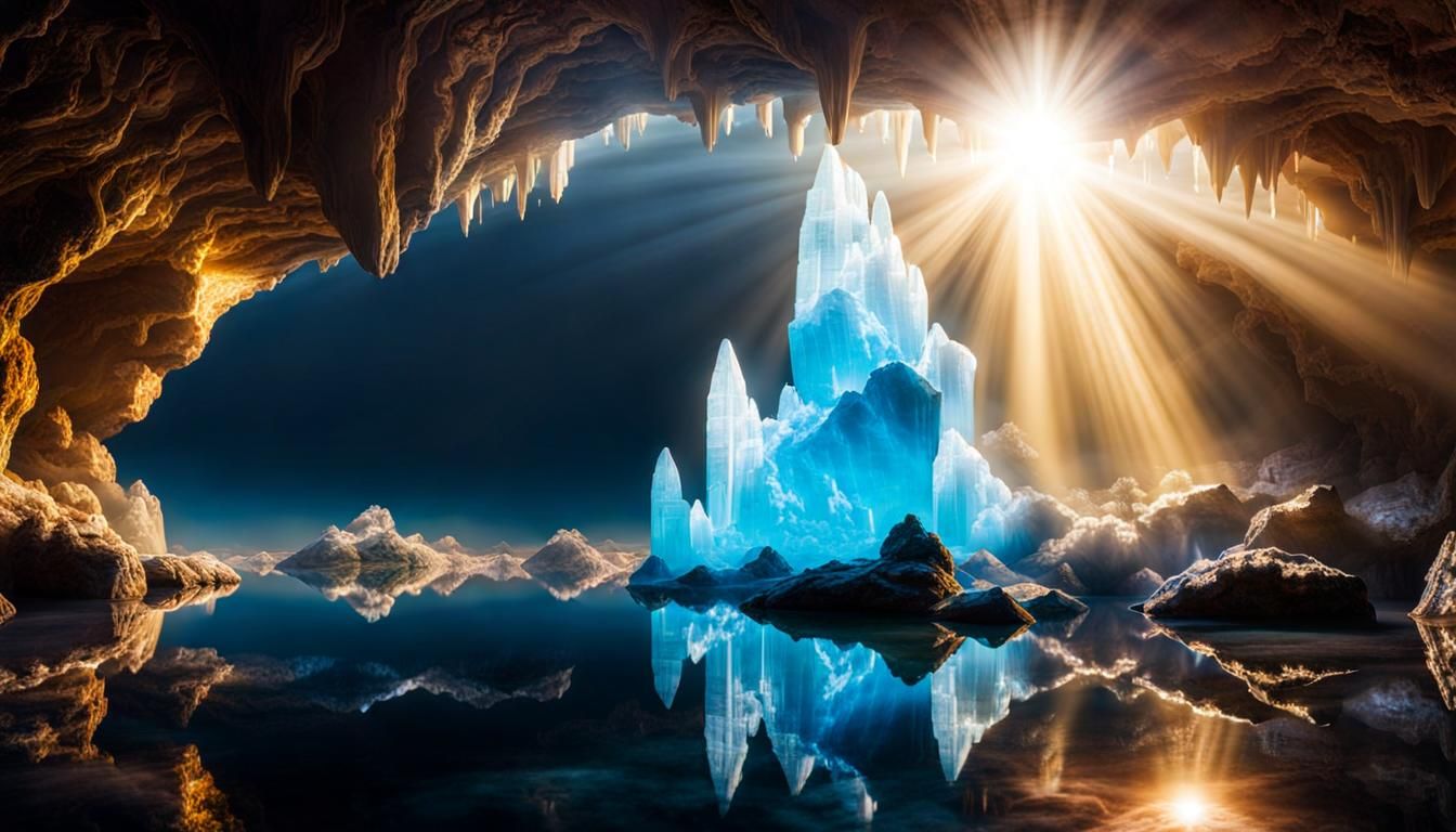 Crystalline Cave with Volumetric Light and Lake Reflection