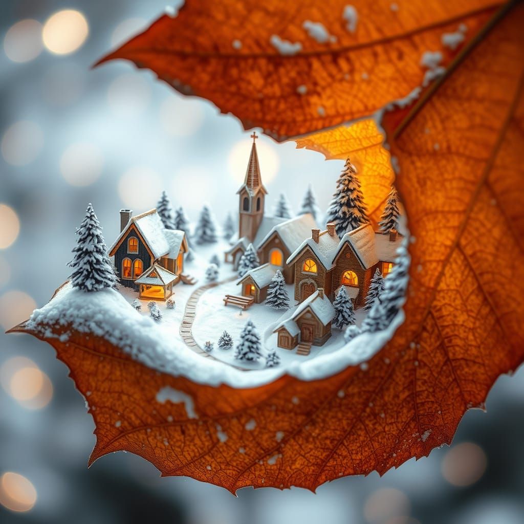 Winter Village on Autumn Leaf Macro Photo