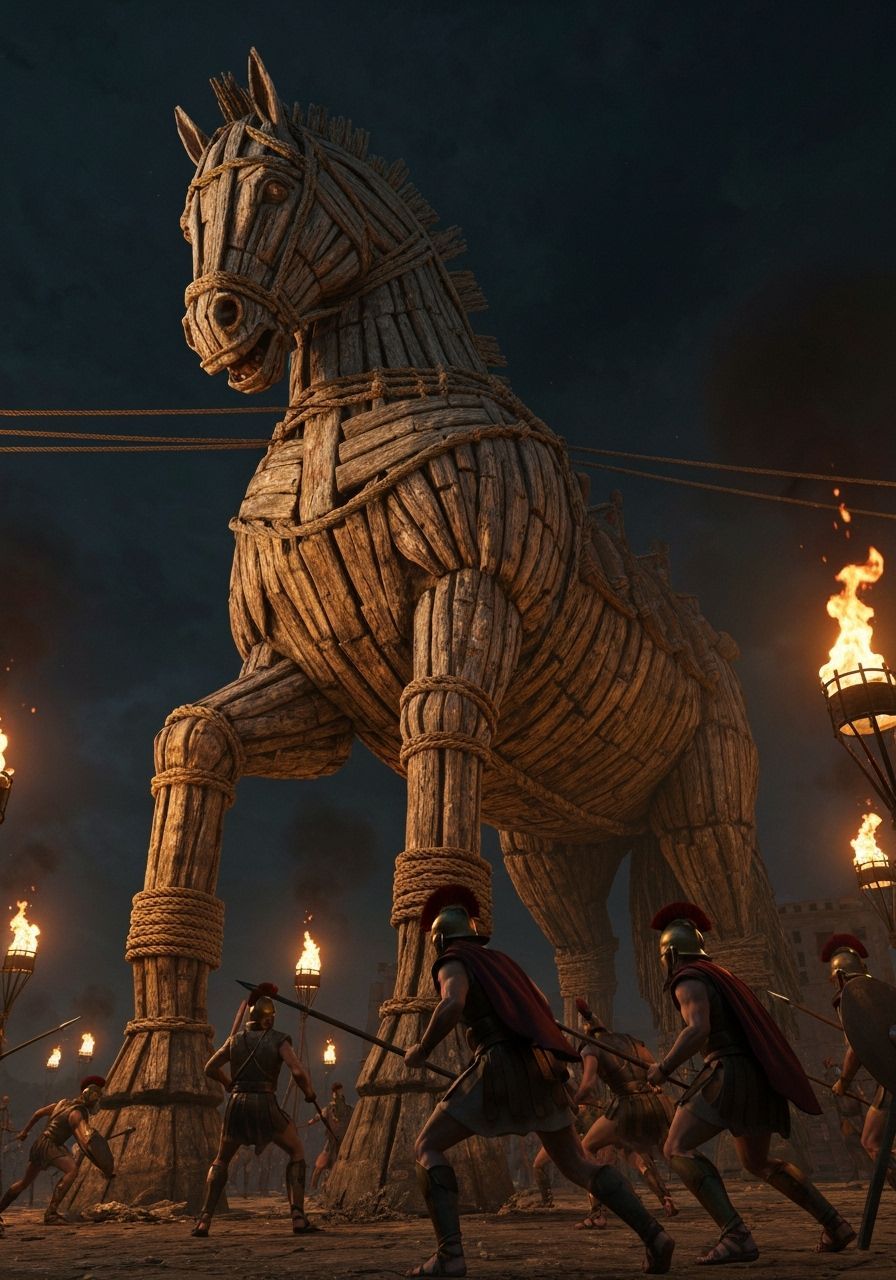 Colossal Trojan Horse Under Siege in Ancient Greece