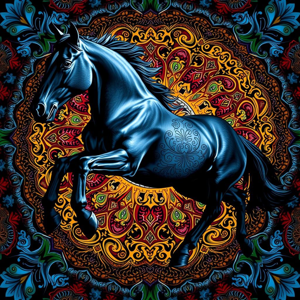 Surreal Mandalascape with Galloping Black Horse in Vibrant, ...
