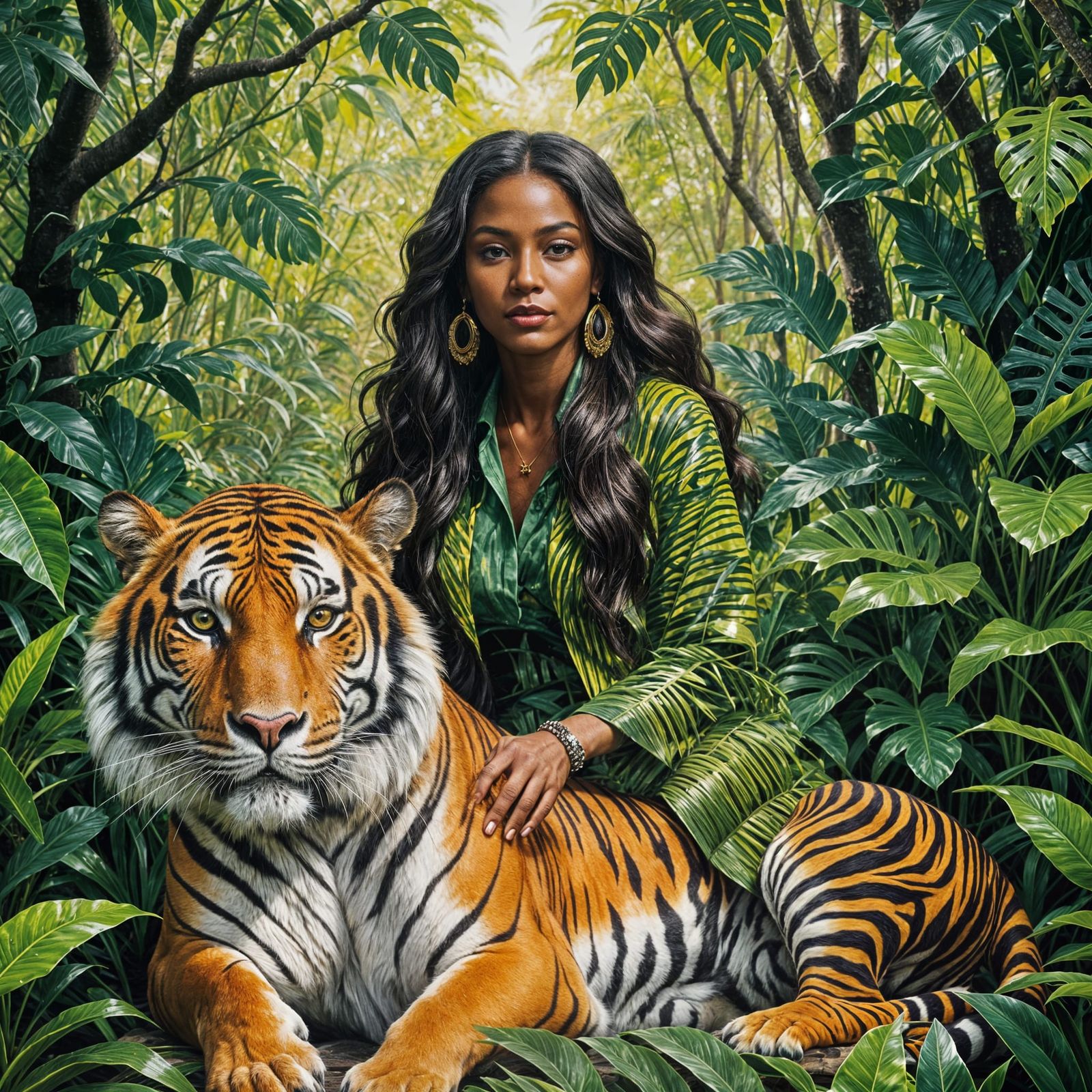 Ebony Woman on White Tiger in Jungle