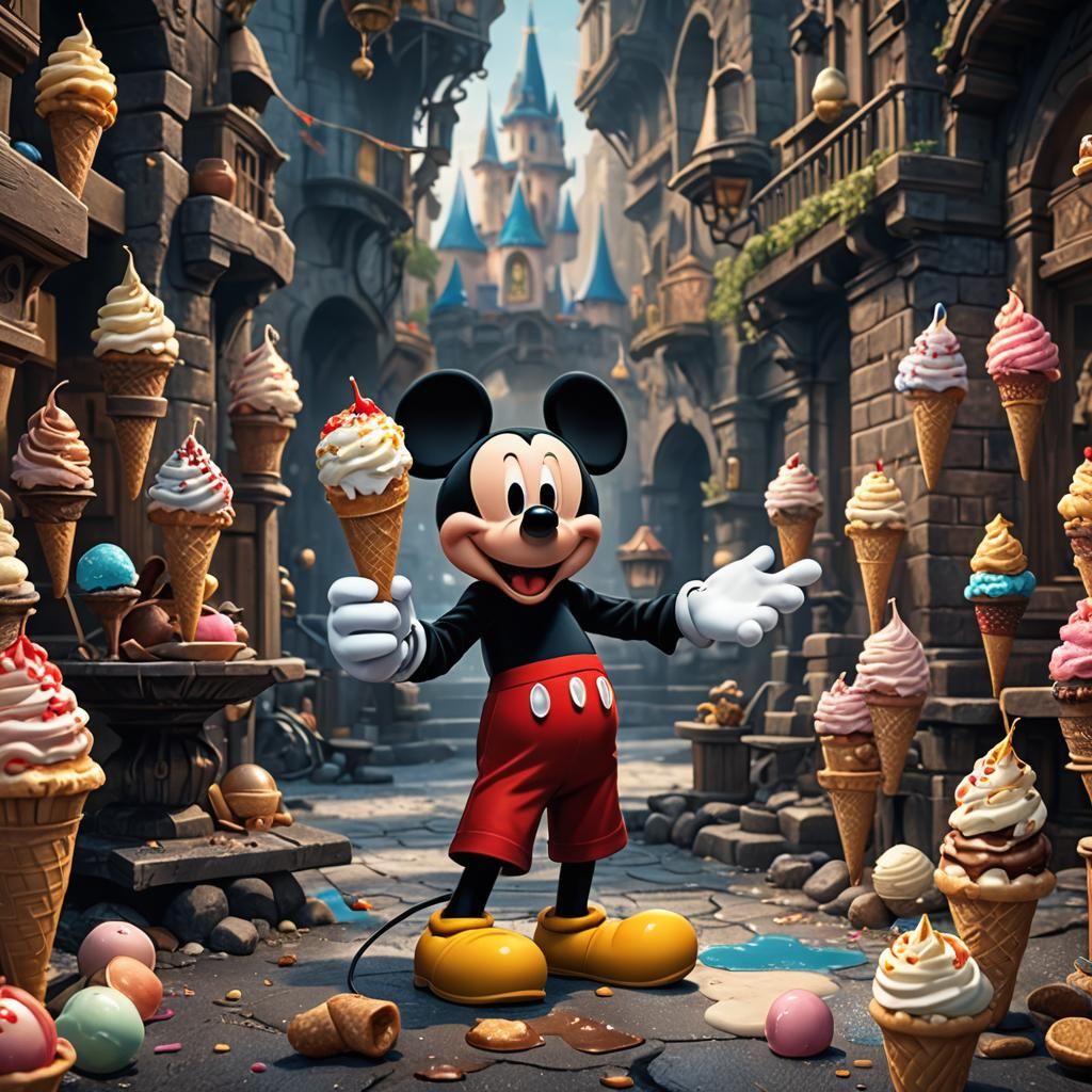 Mickey Mouse Eating Ice Cream in Detailed Matte Painting