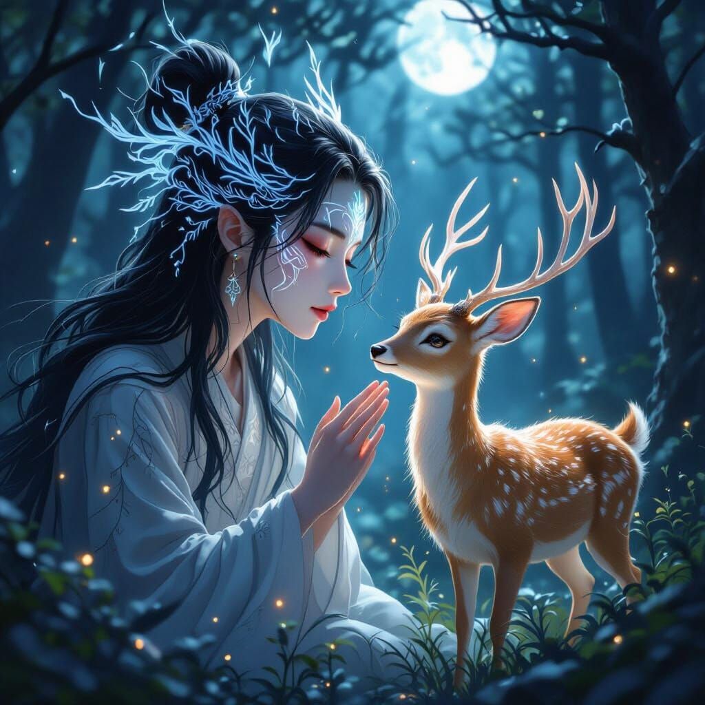 Ethereal Forest Spirit Whispers to Deer in Moonlit Grove