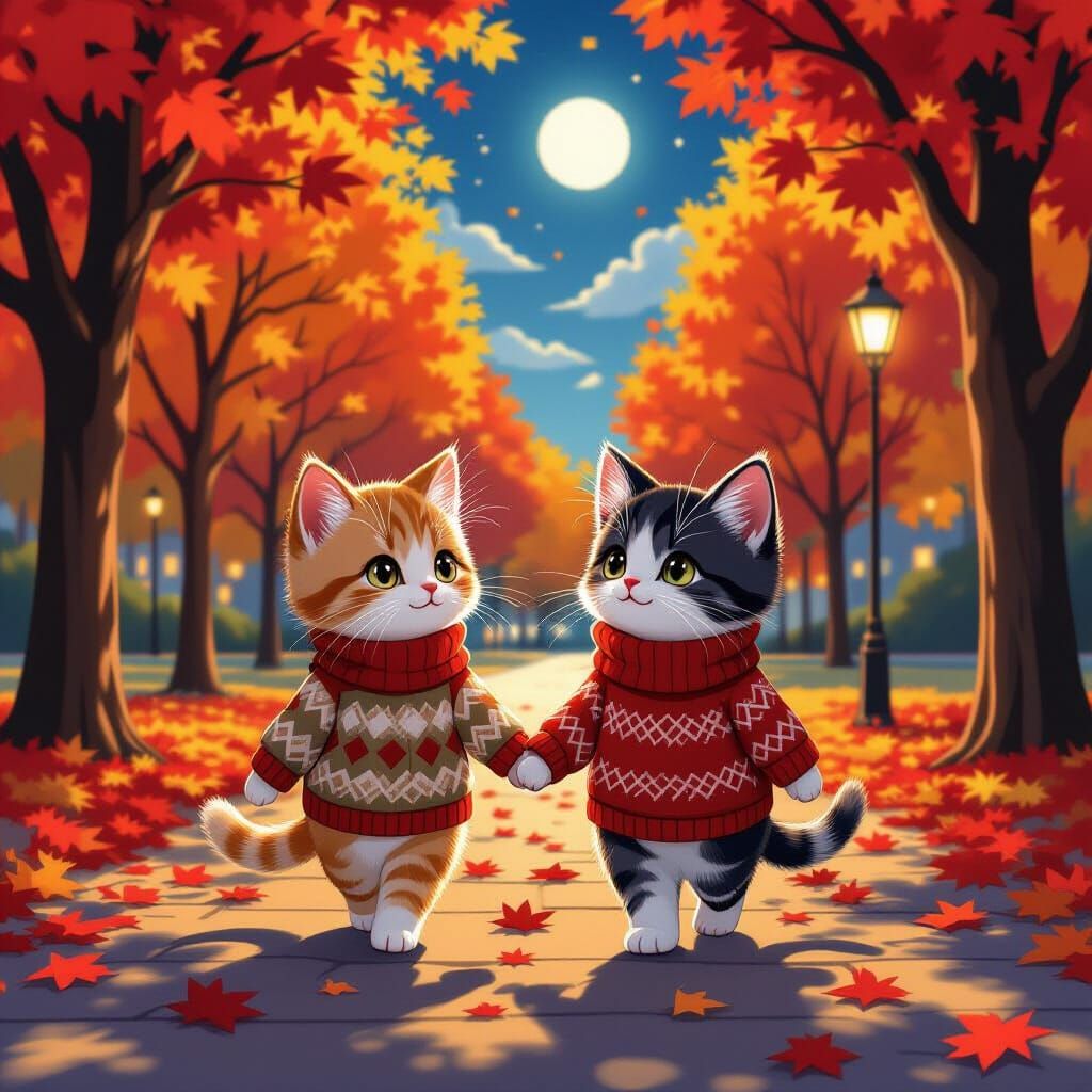 Kittens Stroll in Autumn Park, Ghibli Anime Style