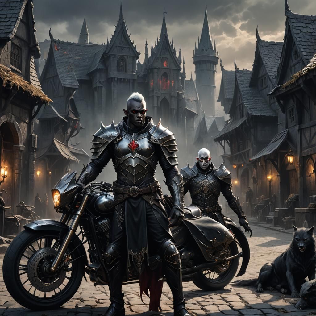 Dark Elf with Necro Motorcycle, Dark Fantasy Art
