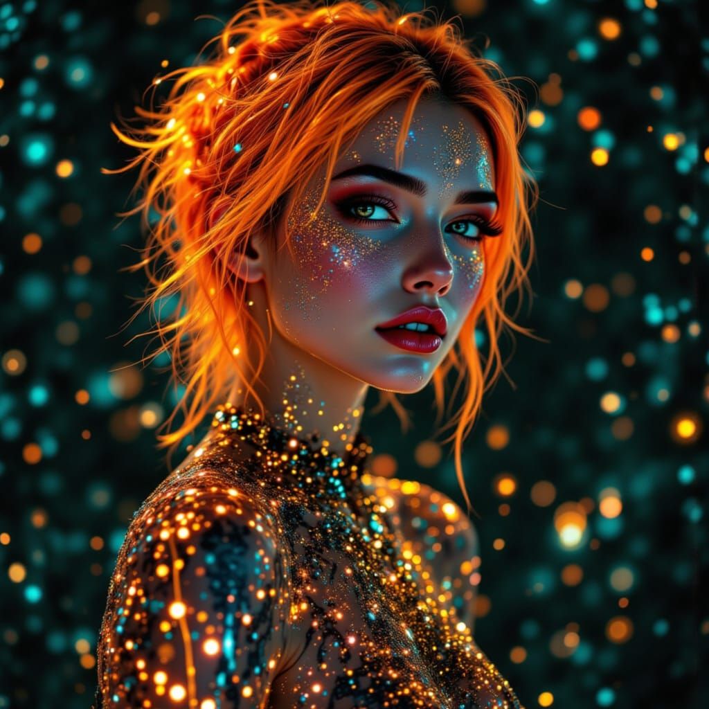 Cyberpunk Woman in Liquid Silver Gown with Glowing Tattoos