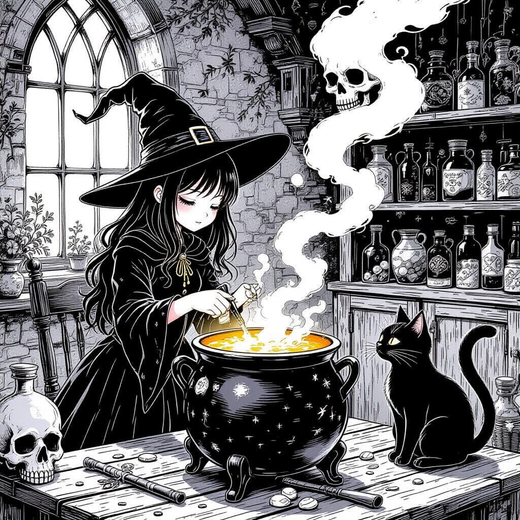 Cute Witch and Familiar Making Potions in Mysterious Room