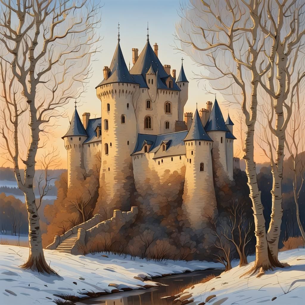 Medieval Castle in Perigord, France: Klimt-Inspired Gouache