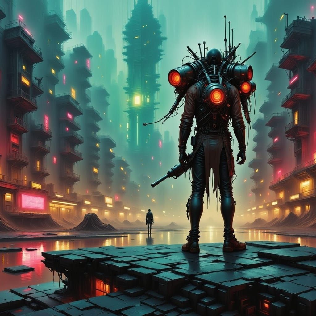 Cyberpunk Warrior Stands Amidst Reality-Bending Chaos