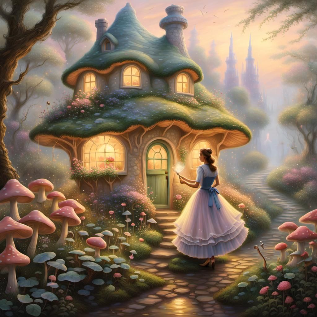 Woman and Mushroom House in Kinkade Style