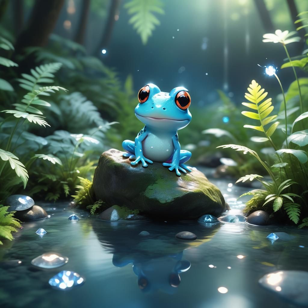 Joyful Blue Frog in Magical Forest, Anime Art