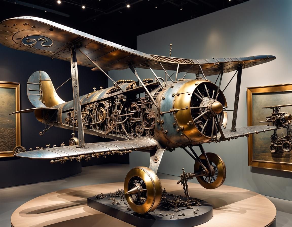 Surreal Metal Art Biplane Sculpture in Gallery