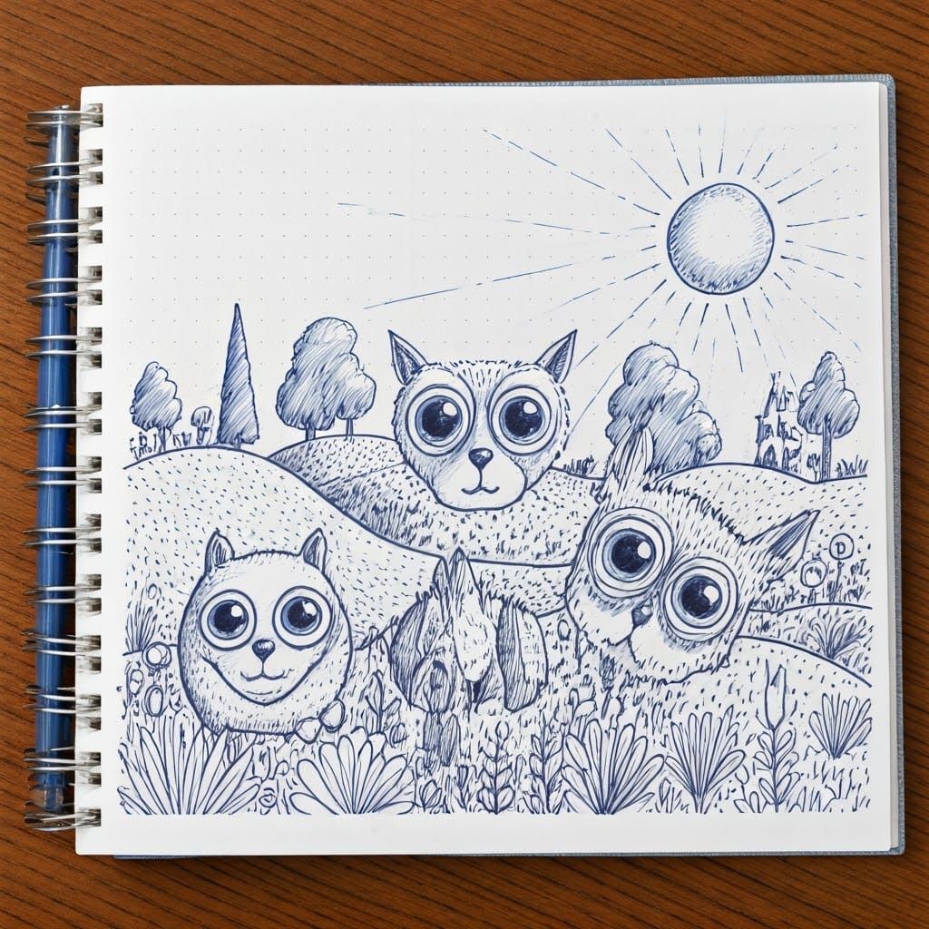 Charming Naive Doodle World Landscape with Animals