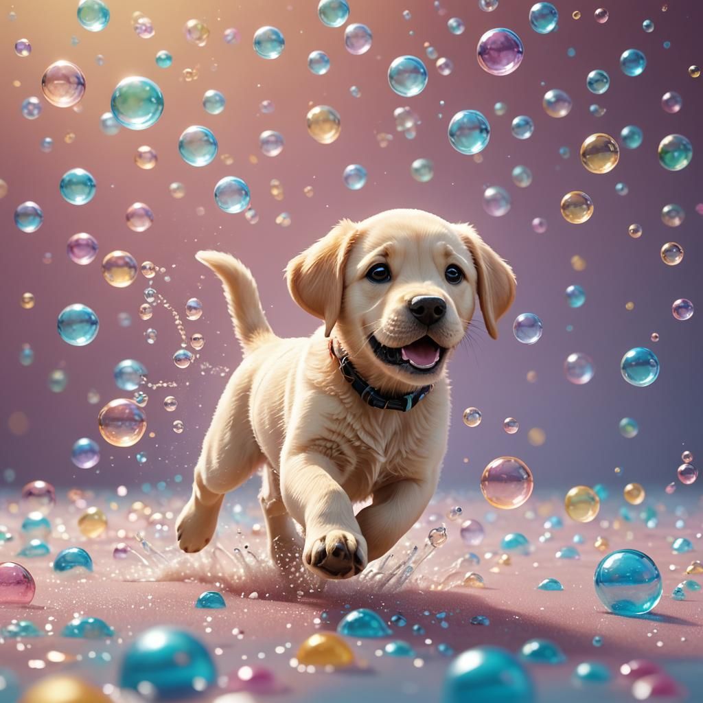 Labrador Puppy Runs in Bubbles: 3D Digital Art