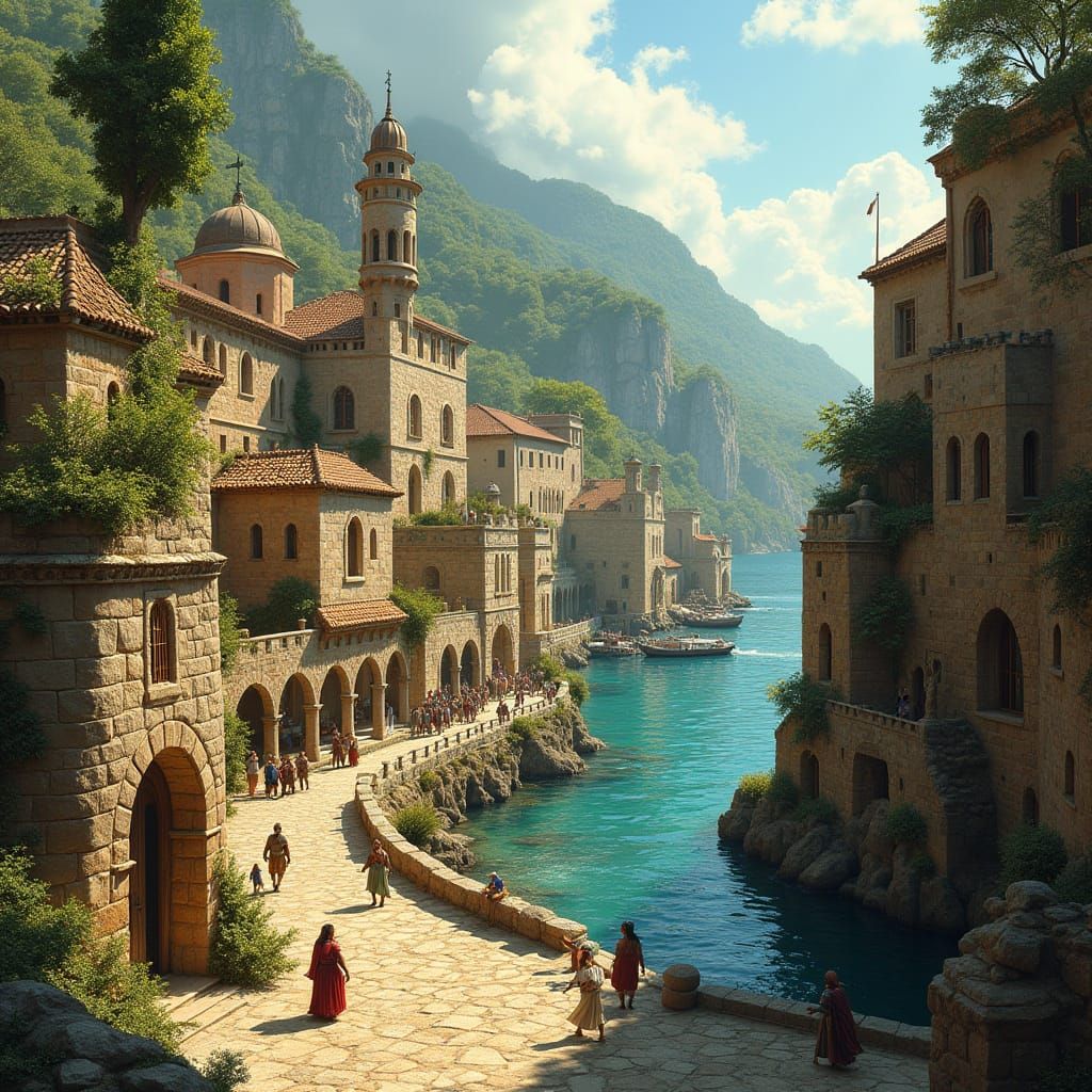 Medieval Sea Port with Byzantine-Inspired Architecture