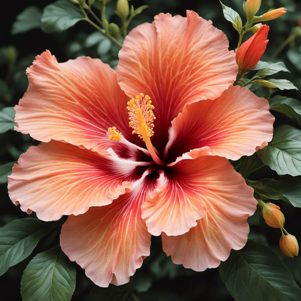 Hibiscowl - a hybrid of an owl and a hibiscus flower - a mix of an animal and plant, half flower, half animal; 
Nestled ...