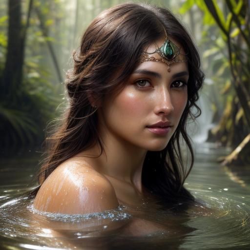 Brunette Amazonas Woman in Water: Hyperdetailed Portrait