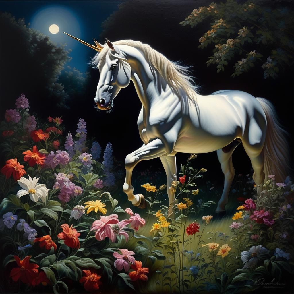Unicorn in Moonlit Garden as Baroque Oil Painting