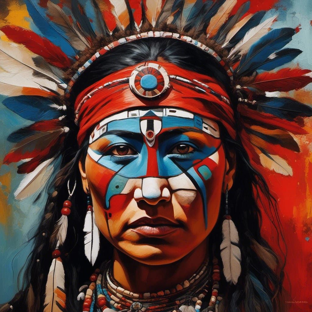 Indigenous Woman Portrait with Handprint, Alcohol Ink Style