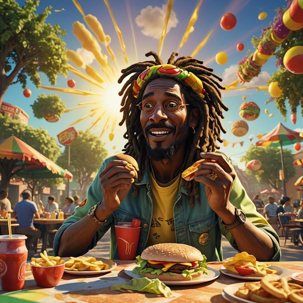 Rastafarian Man Eating Burger in Vibrant 3D Animation