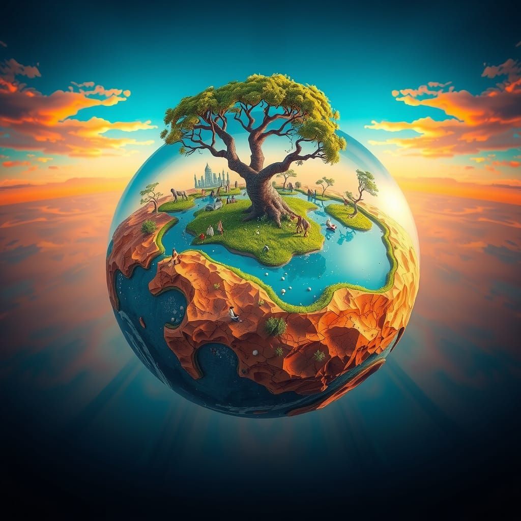 Mini Spherical Earth in Desert: Splash Art Style