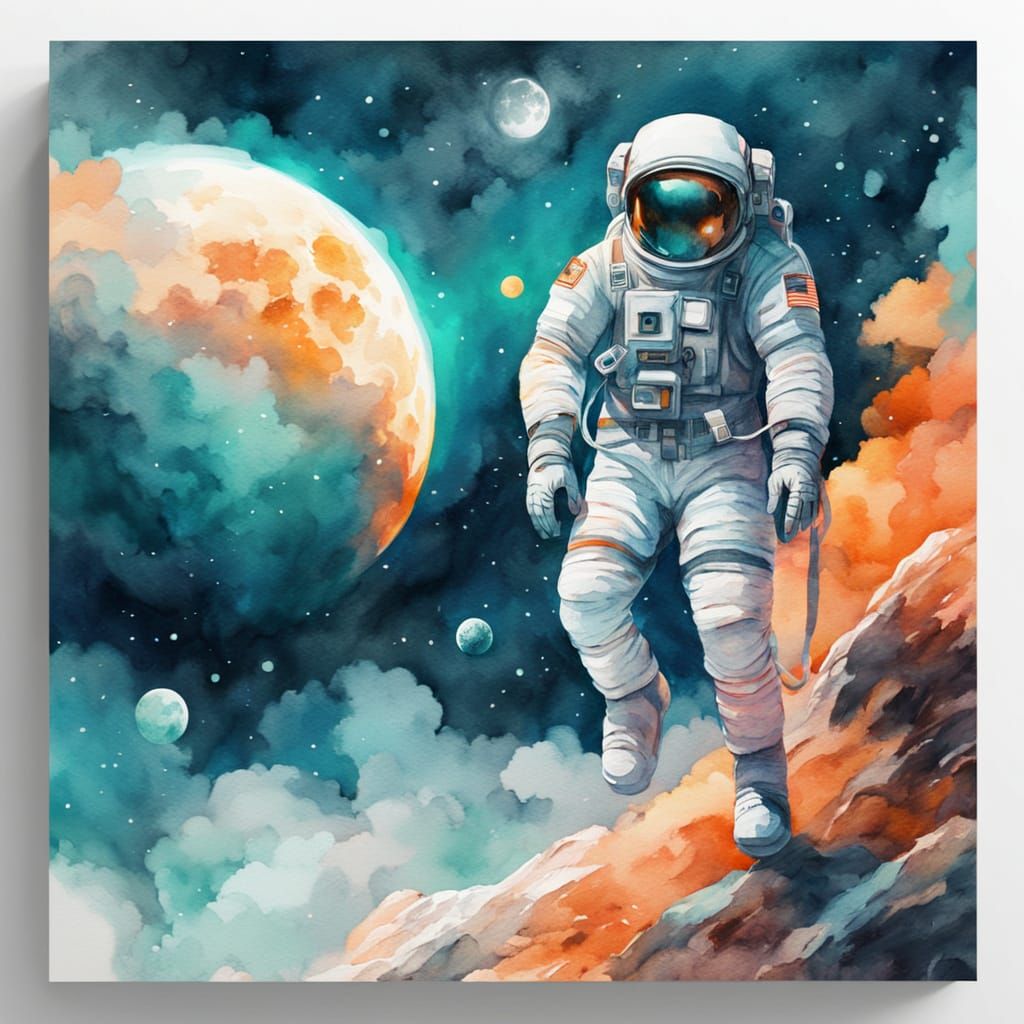 Astronaut Under Moonlight in Vibrant Watercolor