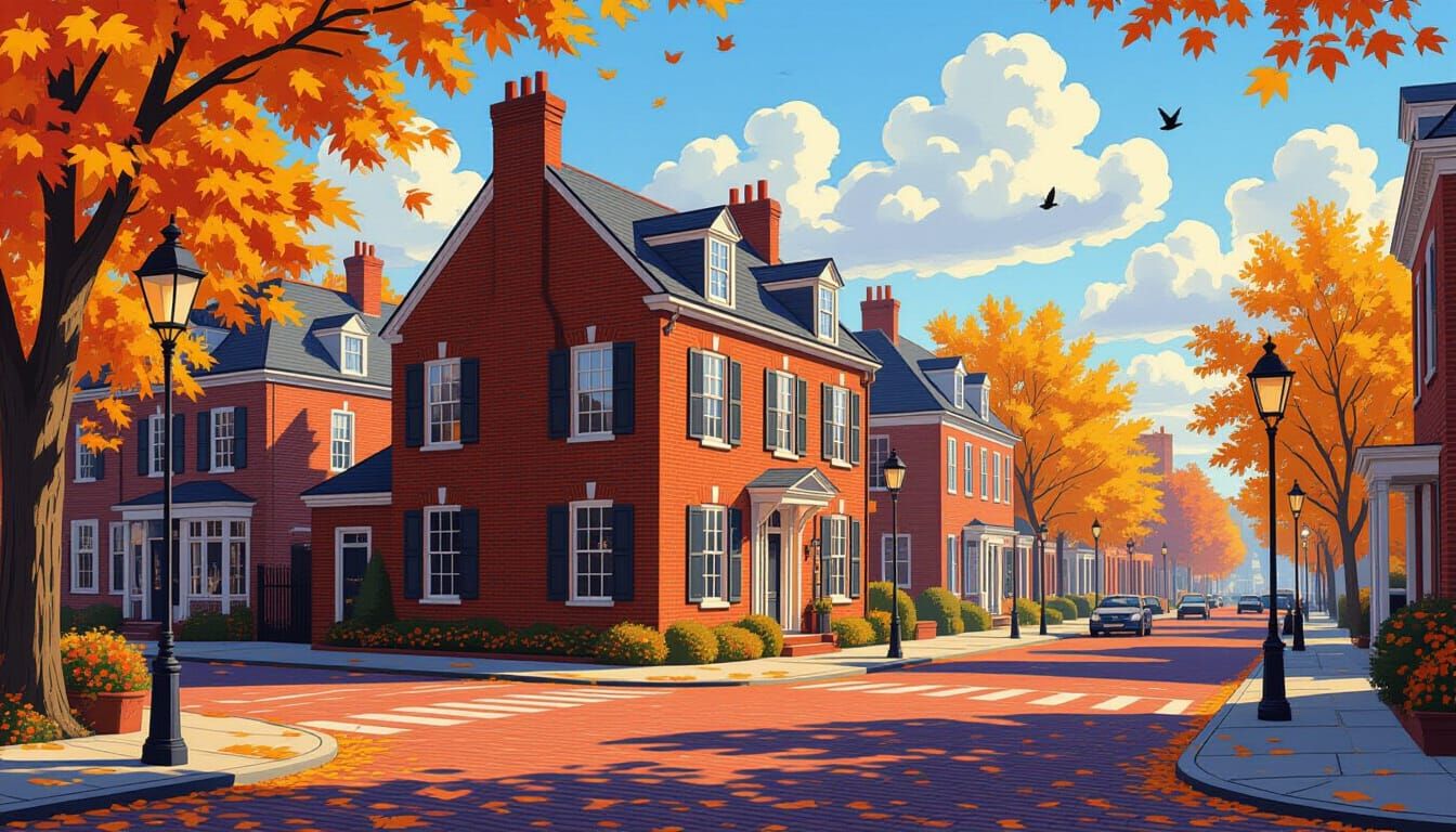 Charming Brick Townhouse on City Street in Golden Hour Light