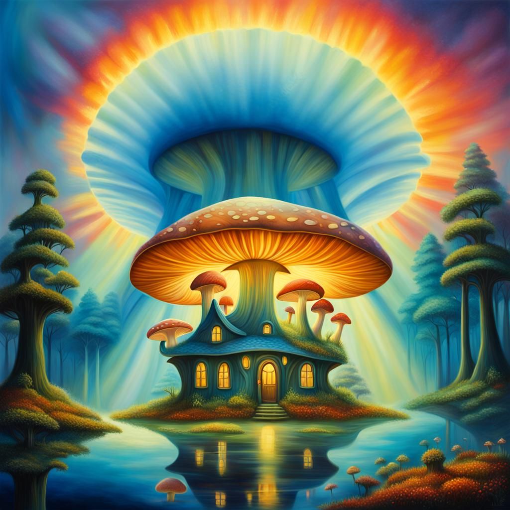 Surreal Oil Painting of Enchanted Mushroom House in Biolumin...