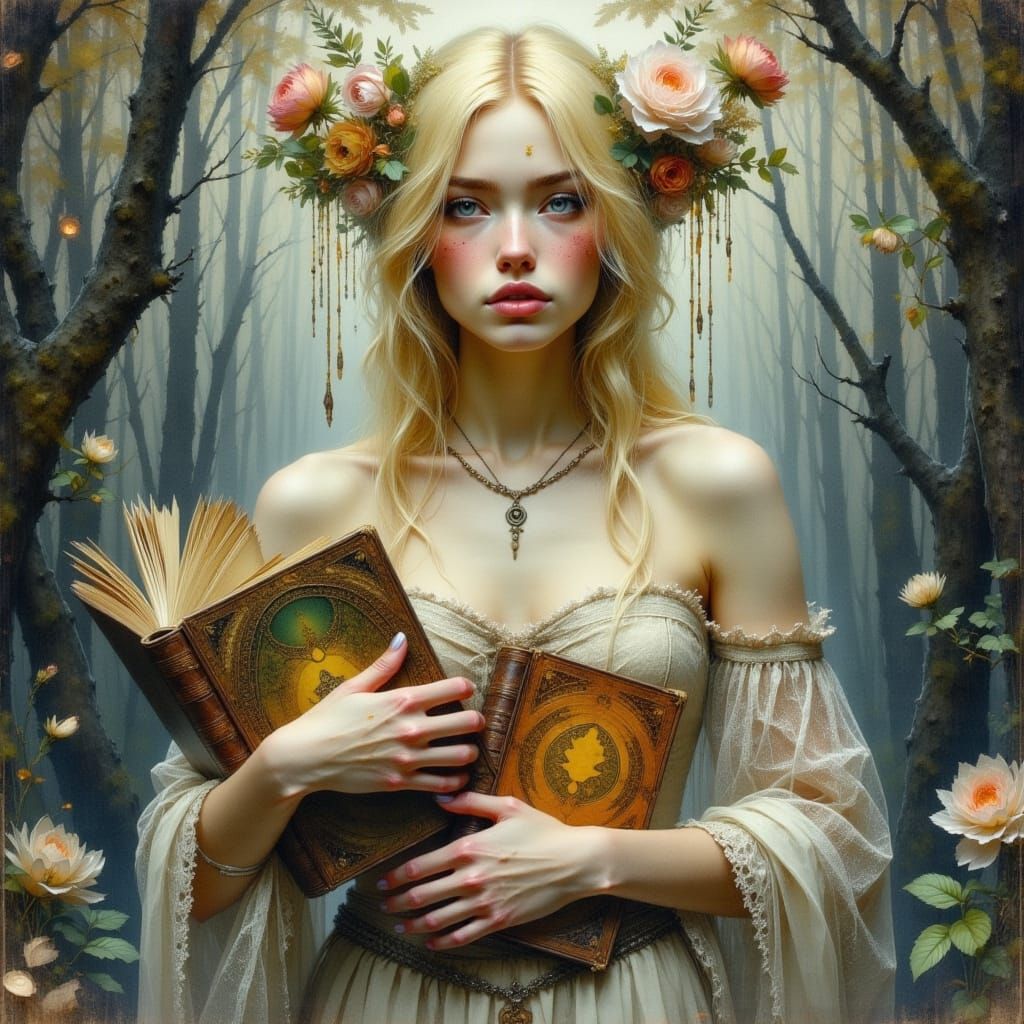 Mystical Woman with Ancient Tomes in Surreal Style