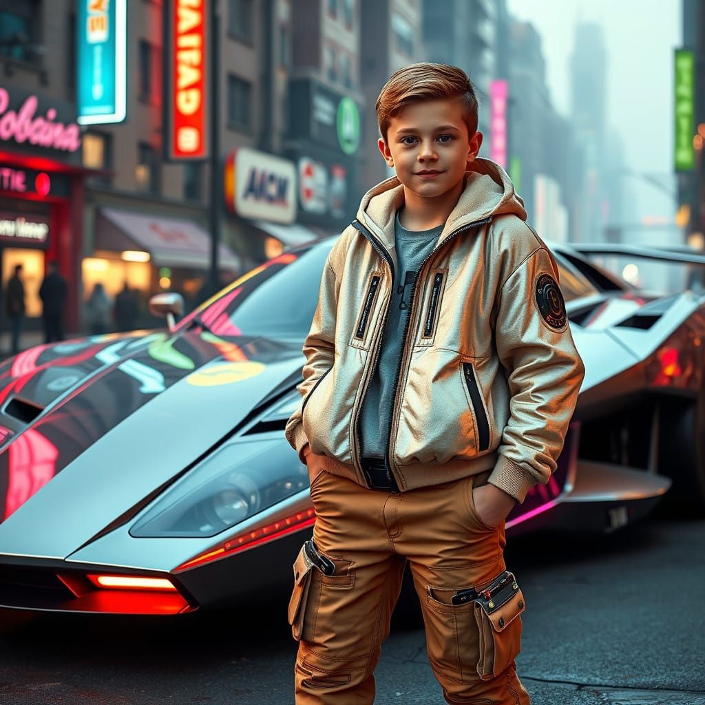 Confident Boy Stands Beside Futuristic Flying Car-Spaceship