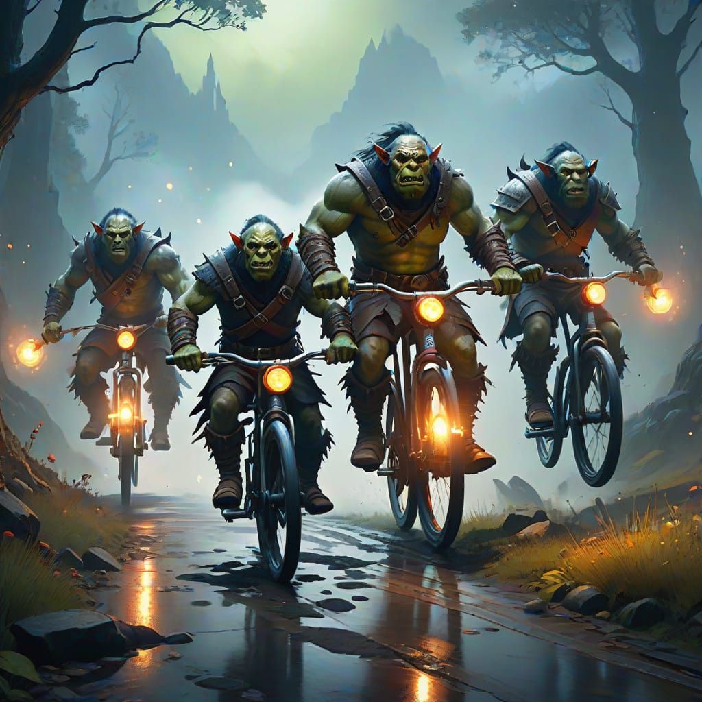 Orc Unicycle Race in Dark Fantasy Style