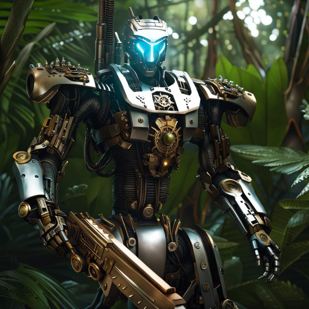 Steampunk Headless Mech in Cyberpunk Mangrove Forest