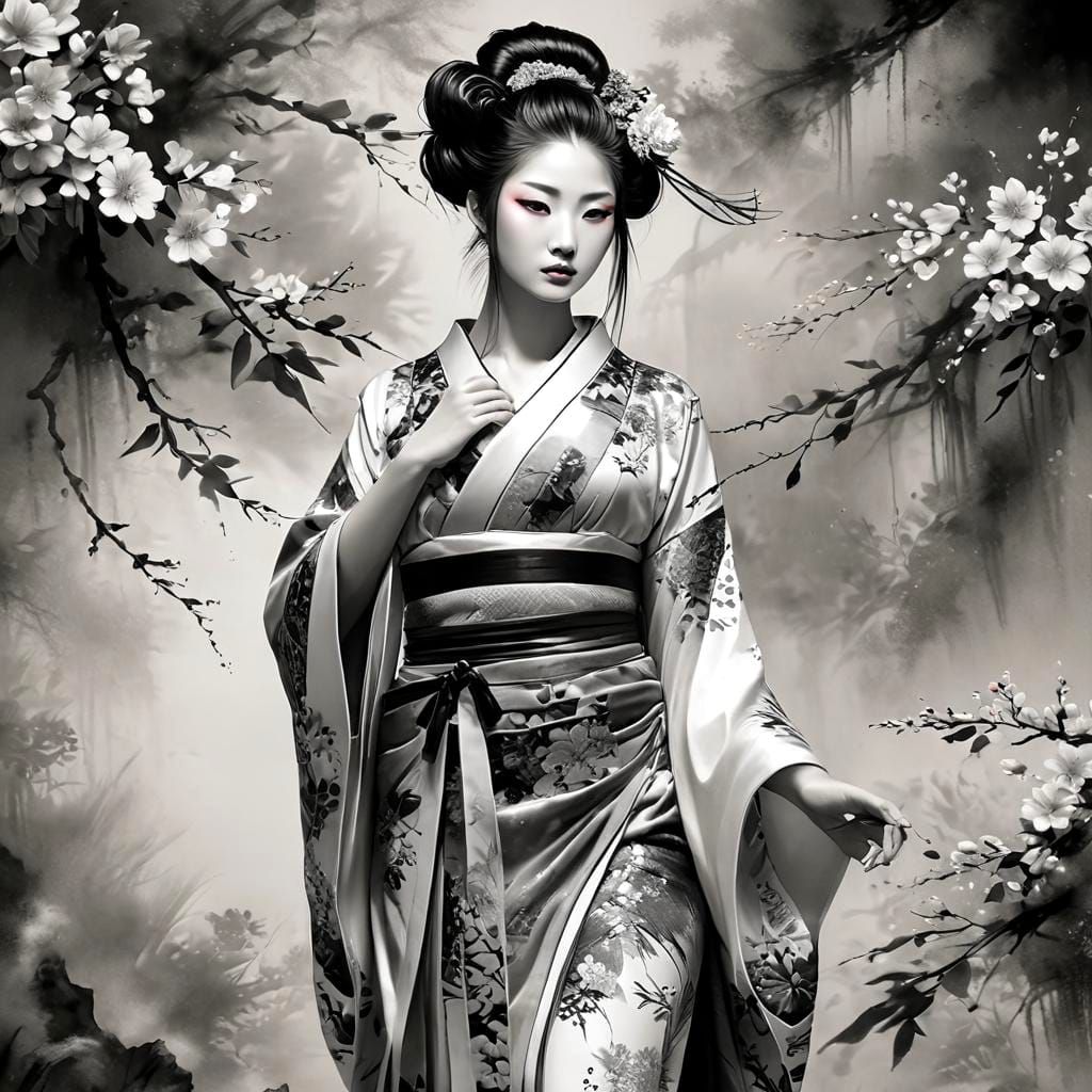 Geisha Flower Arranging: Sumi-e Ink Painting