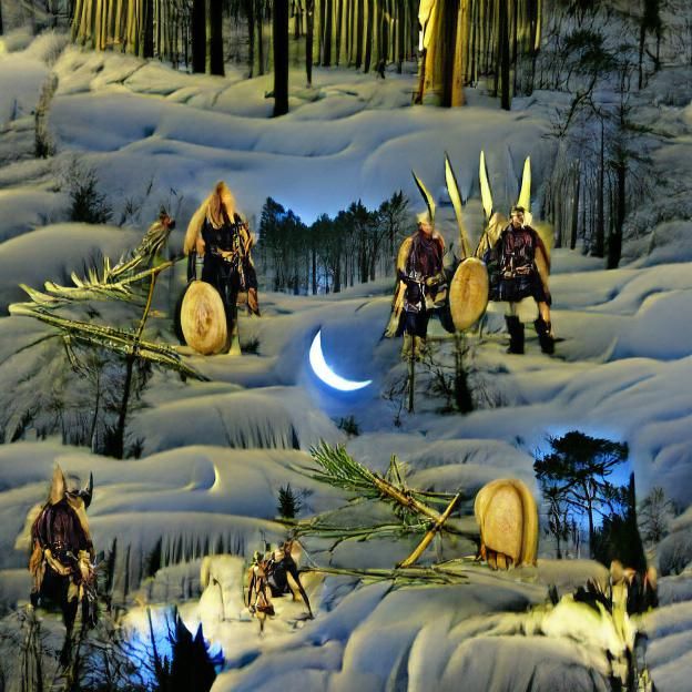 Vikings in Snowy Pine Forest Under Full Moon
